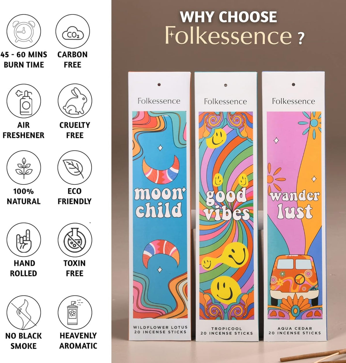 Folkulture Incense Sticks for Home | Set of 6 Variety Pack (120 Non Toxic Insence) | 45 Mins Burn