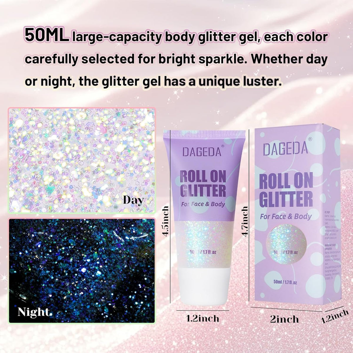 DAGEDA Roll-on Body Glitter,Holographic Eye Face Hair Glitter Gel for Festival Outfit Mermaid