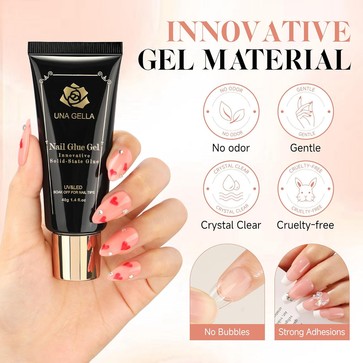UNA GELLA Gel Nail Glue, Solid Nails Gl ue Gel 40ml Lamp Curing Needed Soak Off G LUE Strong Nail G