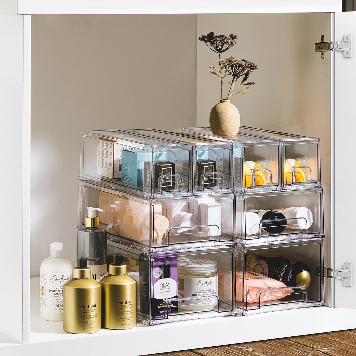 Sorbus 1 Large & 2 Small Clear Stackable Storage Drawers – Plastic Organizer Bins with Handles
