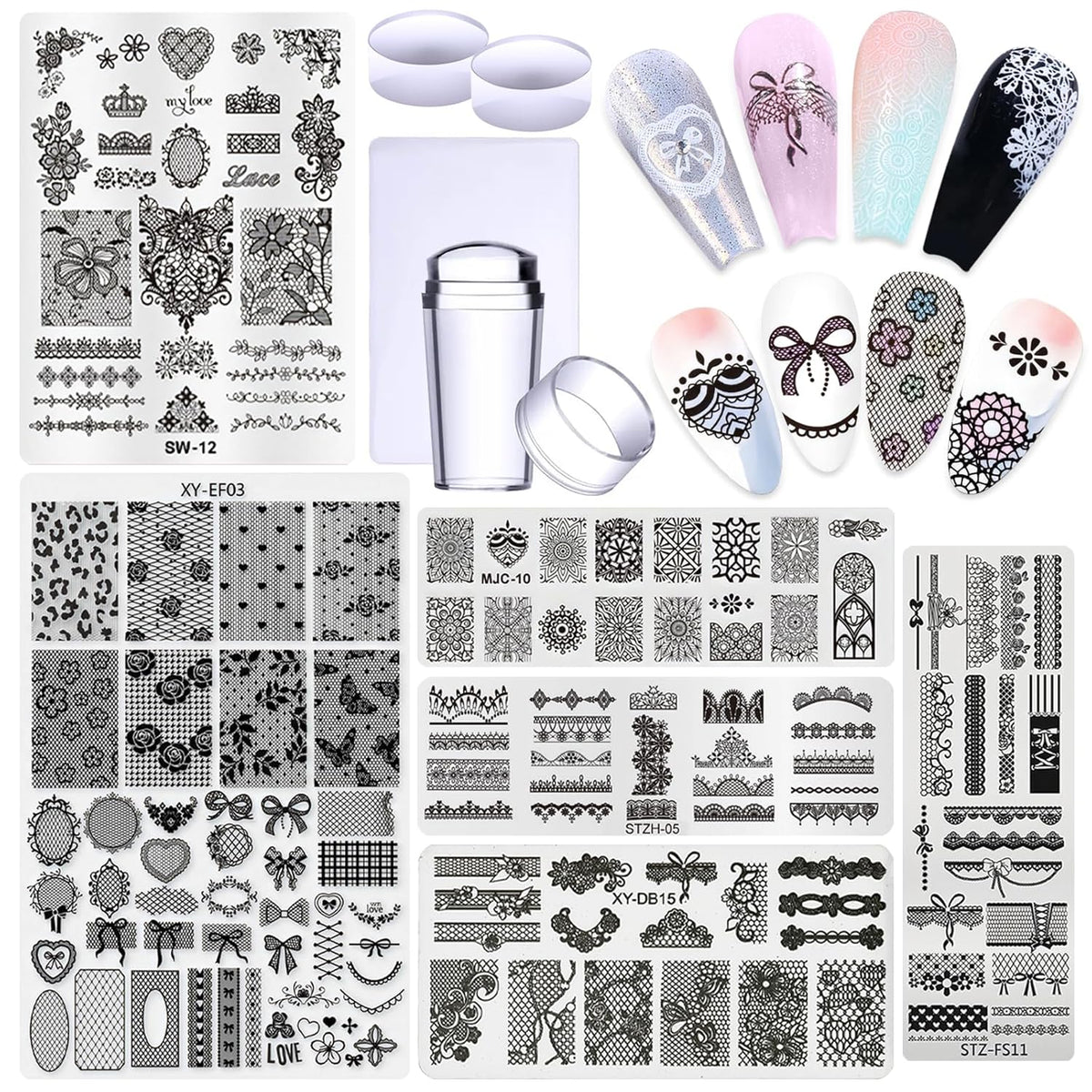 6pcs Lace Flower Design Nail Stamping Plate Kit With French Tip Nail Stamper Kit Ribbon Bow Knot