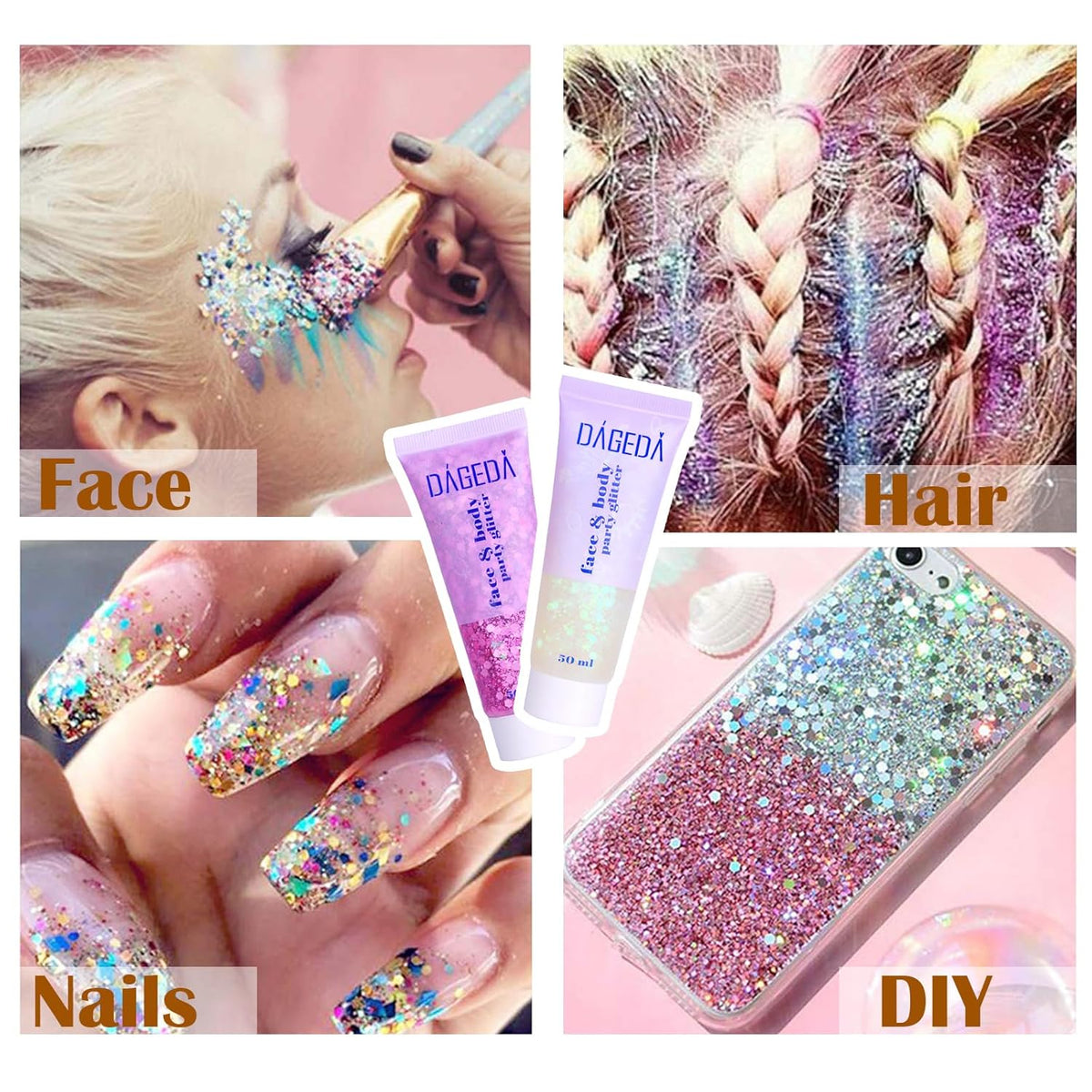 DAGEDA Body Glitter Gel, Face Glitters Body Gel Sequins Shimmer Liquid Eyeshadow, Chunky Glitter