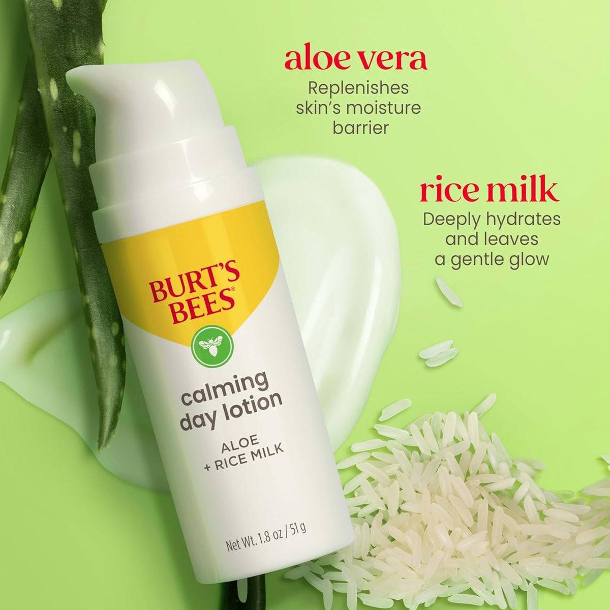 Burt's Bees Calming Day Face Lotion With Aloe and Rice Milk, Soothing Face Lotion for Sensitive