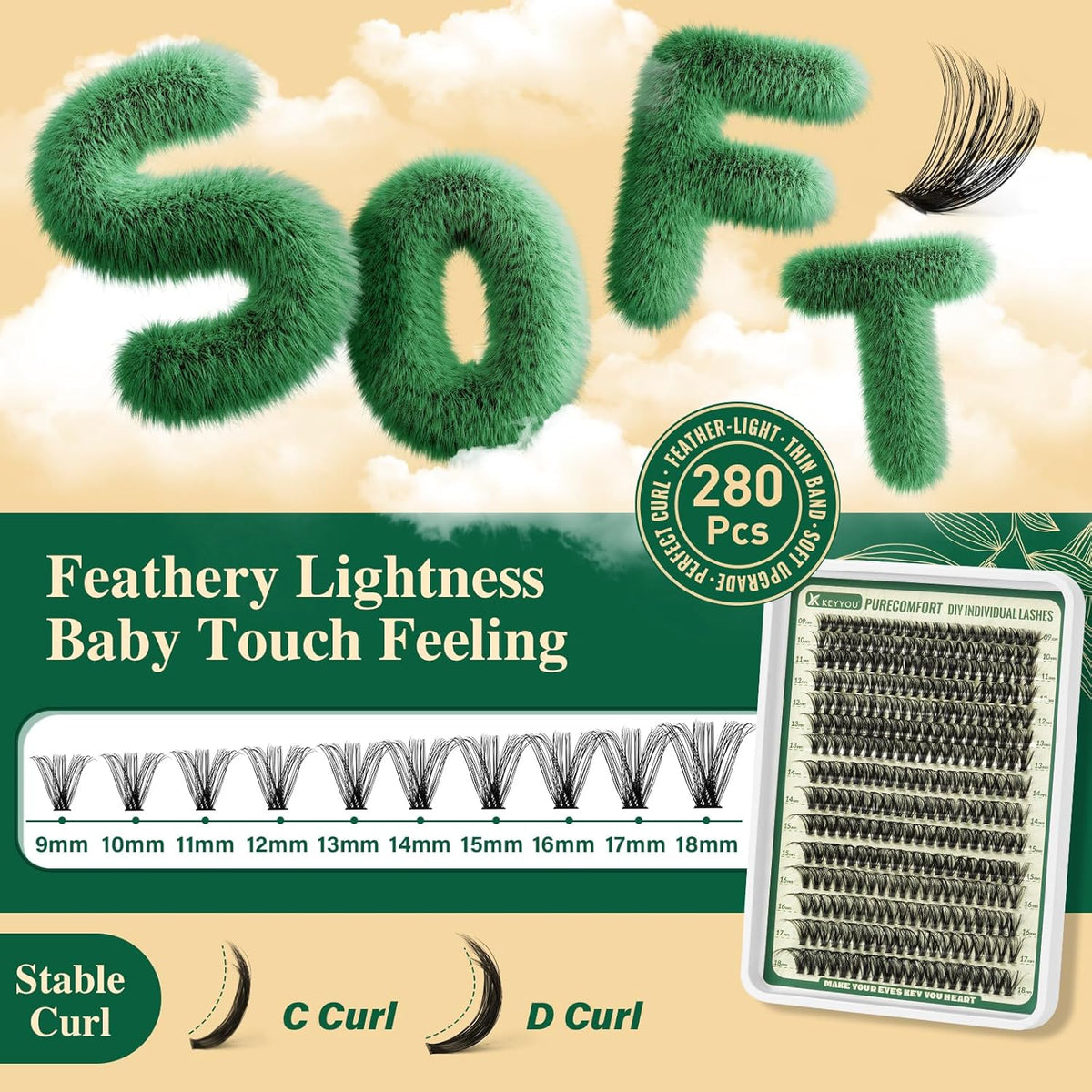 KEYYOU DIY Lash Extension Kit 300pcs Soft Lash Clusters 60D D Curl Easy to Apply with Lash Bond and