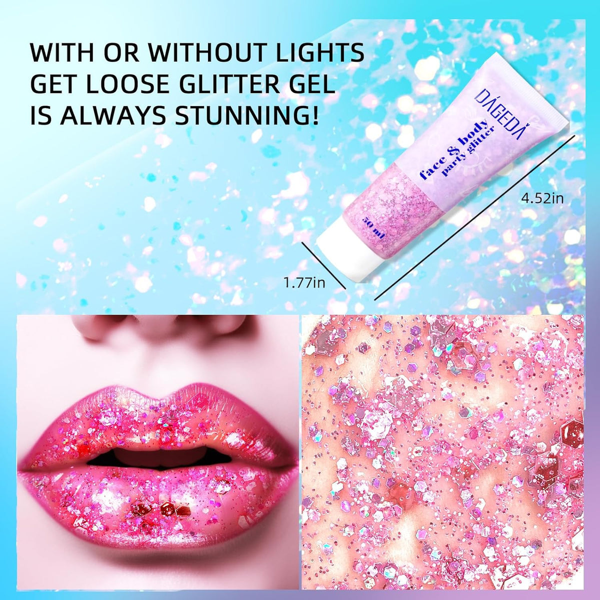 DAGEDA Body Glitter Gel, Face Glitters Body Gel Sequins Shimmer Liquid Eyeshadow, Chunky Glitter