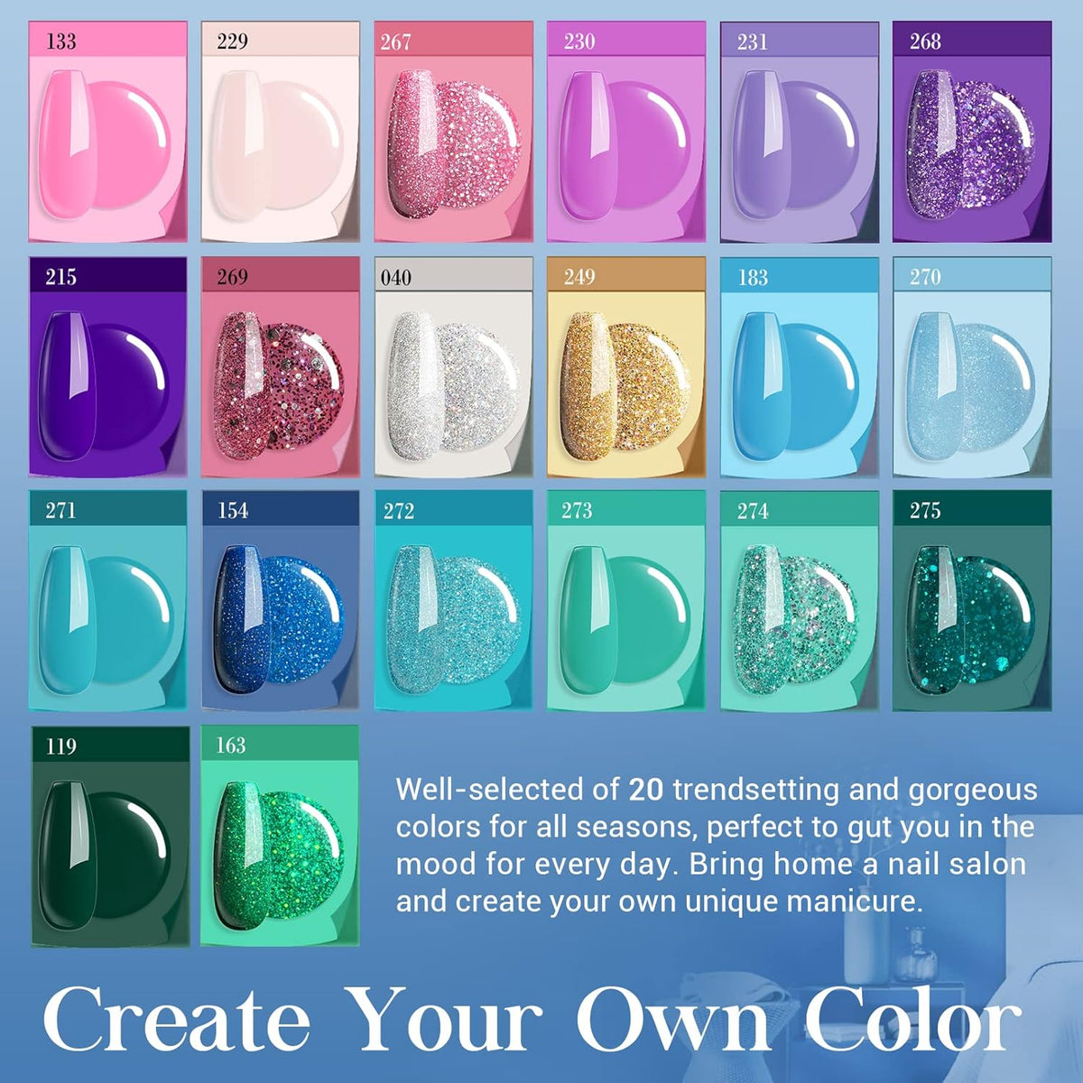 AZUREBEAUTY 31 Pcs Dip Powder Nail Kit Starter 20 Colors Glitter Nude Green Mermaid Serie Dip