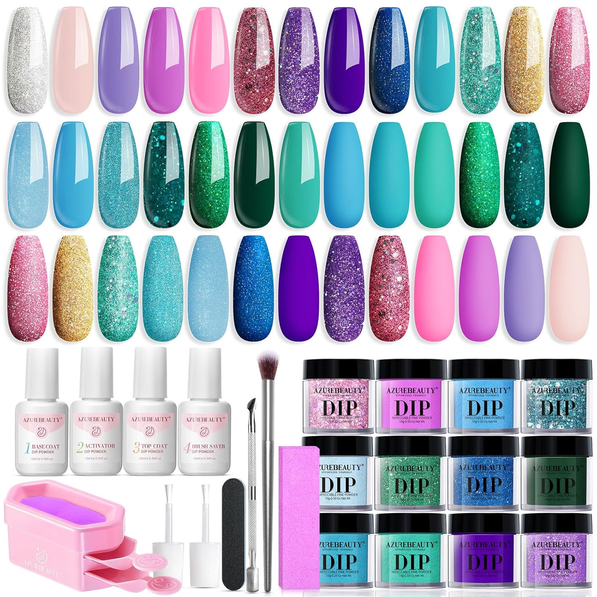 AZUREBEAUTY 31 Pcs Dip Powder Nail Kit Starter 20 Colors Glitter Nude Green Mermaid Serie Dip