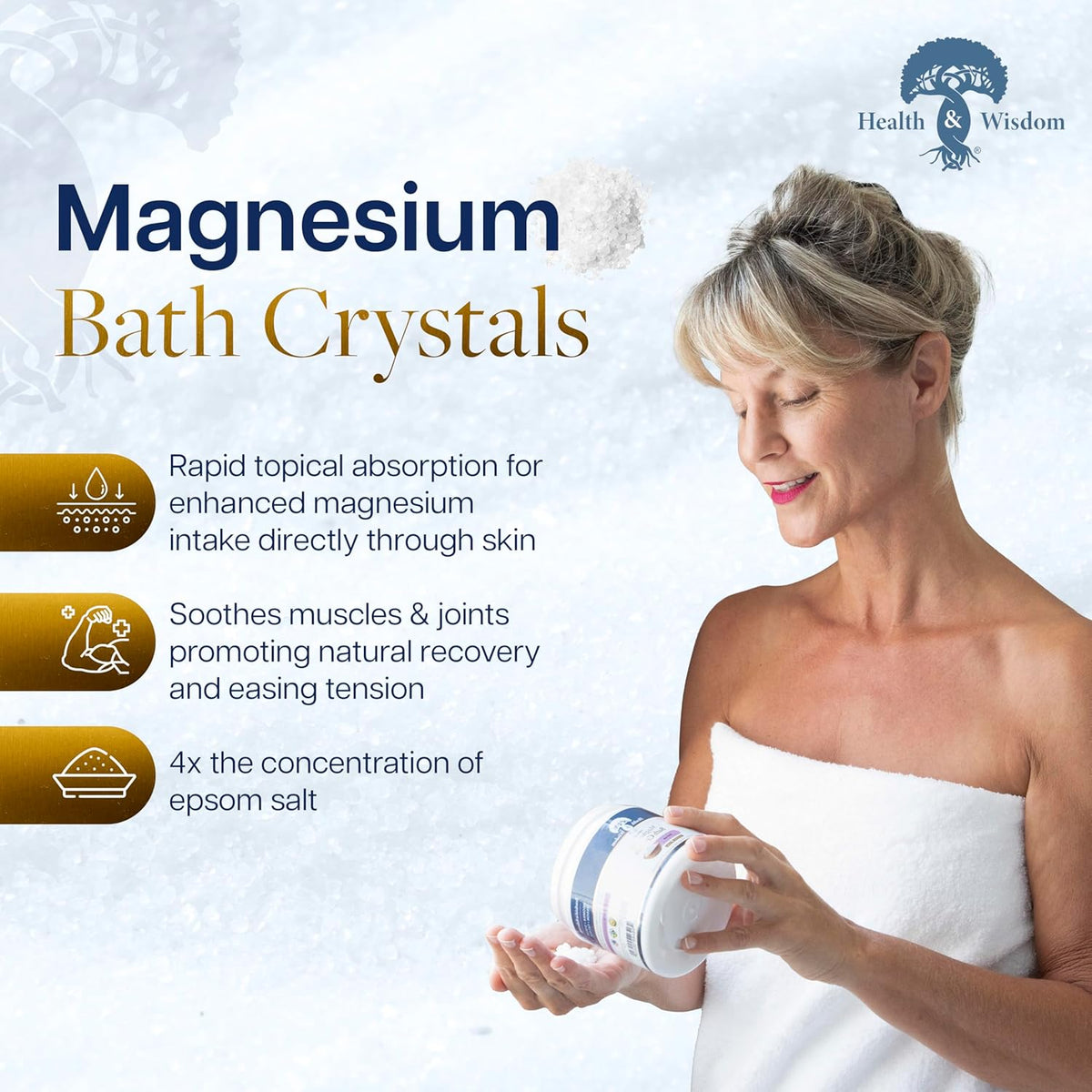 Health and Wisdom Magnesium Bath Crystals - Bath Salts with High Concentration & Enhanced
