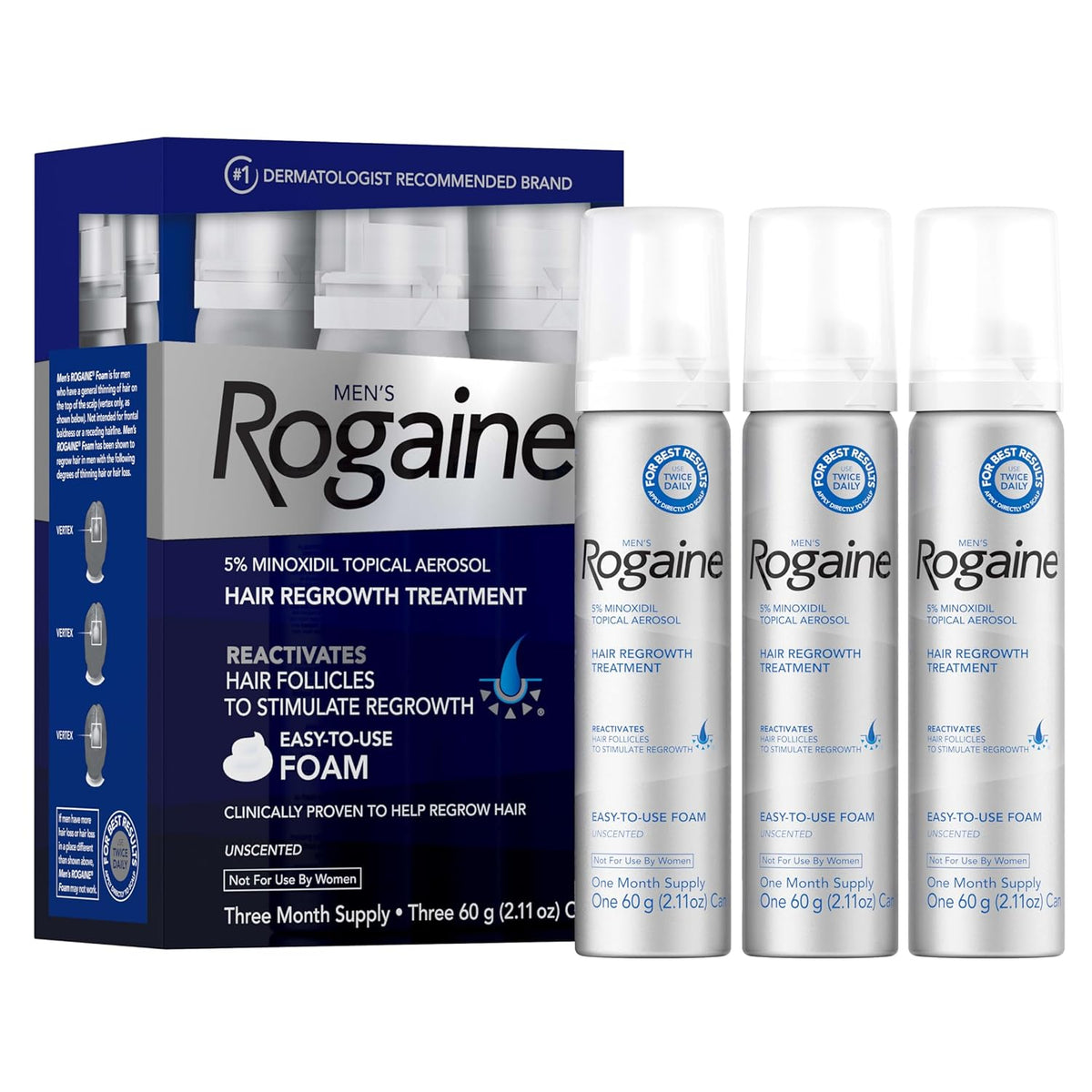 Men’s Rogaine 5% Minoxidil for Men Foam, Clinically Proven Regrowth for Thinning Hair, Topical Hair