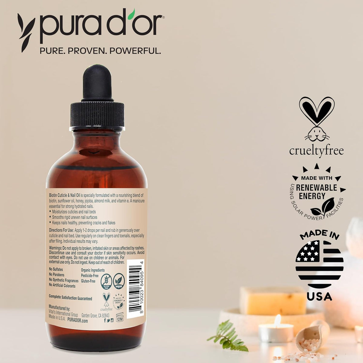 PURA D'OR 4 Oz Nail and Cuticle Oil - Nourishing Treatment with Dropper - Natural Blend Enriched