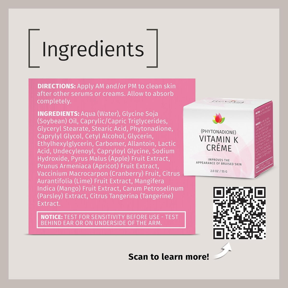 Reviva Labs Vitamin K Crème for Bruising, Under-Eye Dark Circles, and Wrinkles with Soybean Oil and