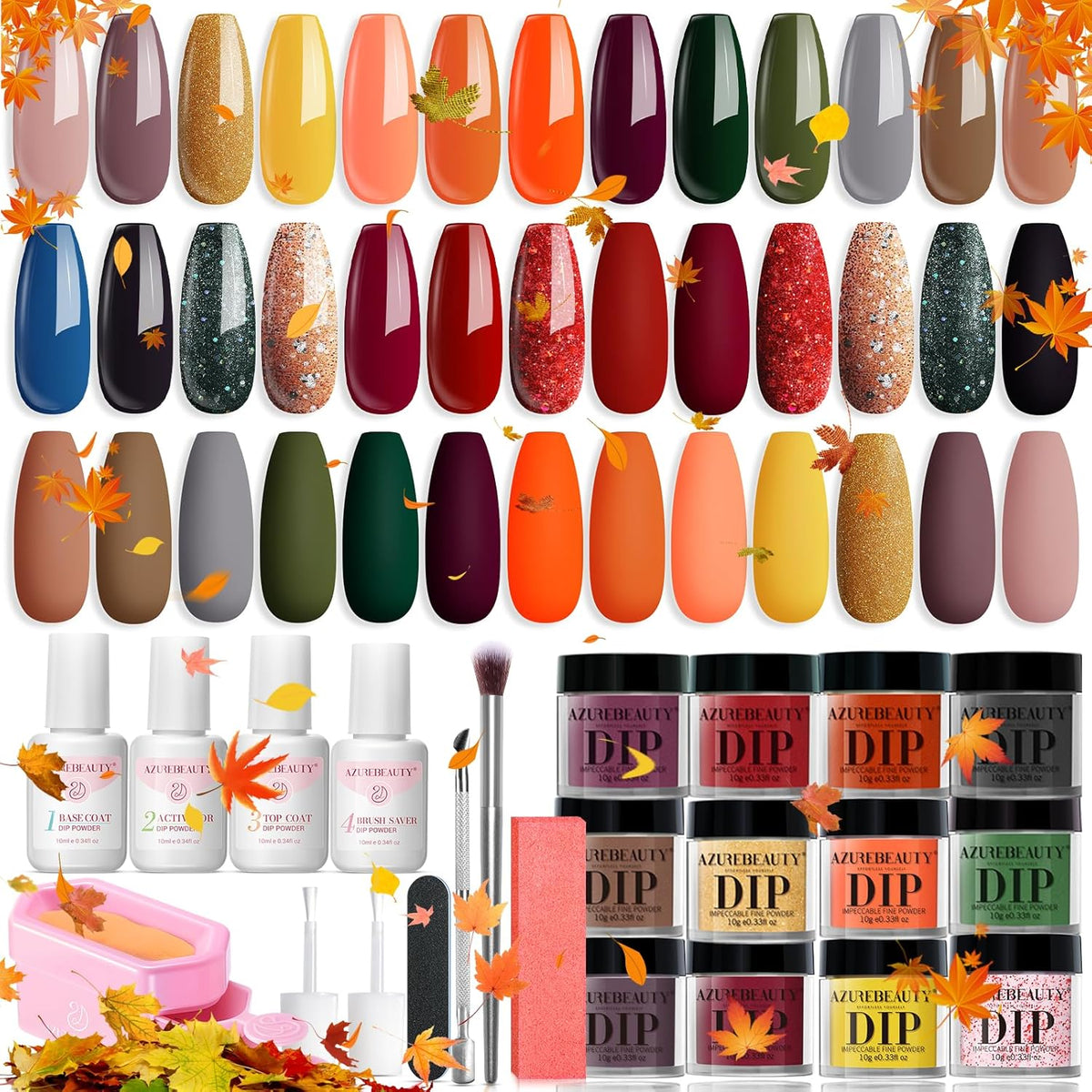 AZUREBEAUTY Dip Powder Nail Kit Starter Fall Autumn Orange Green Glitter Red 20 Colors Acrylic