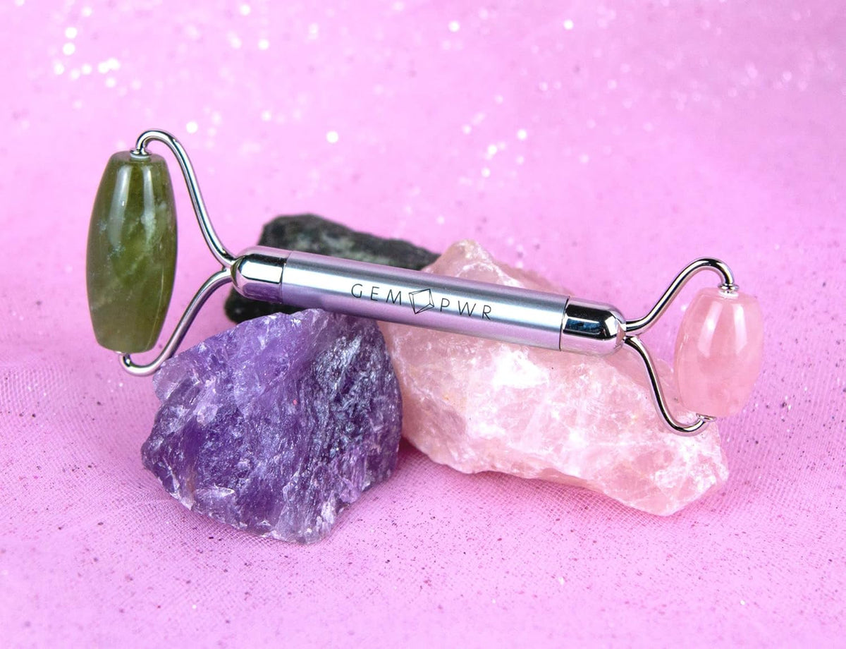 Rose Quartz + Jade Roller for Face and Neck Massage, Dual Gemstones with Durable Steel Handle and