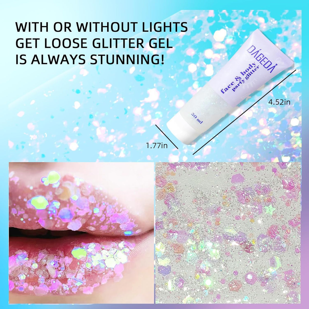DAGEDA Body Glitter Gel, Face Glitter Body Gel Sequins Shimmer Liquid Eyeshadow, Chunky Glitter for