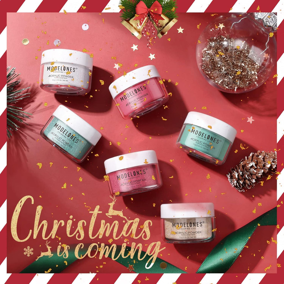 Modelones Christmas Colors Acrylic Powder Kit - 6 Colors Golden Glitter Yellow Green Dark Red