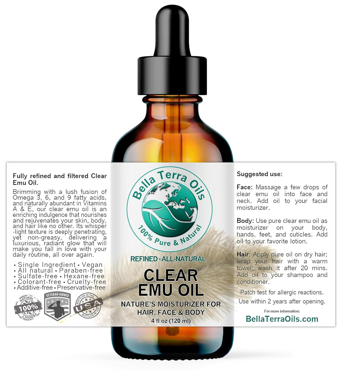 Bella Terra Oils - Clear Emu Oil 4 oz - Dive into Australia's Beauty Secret, Packed with Essential