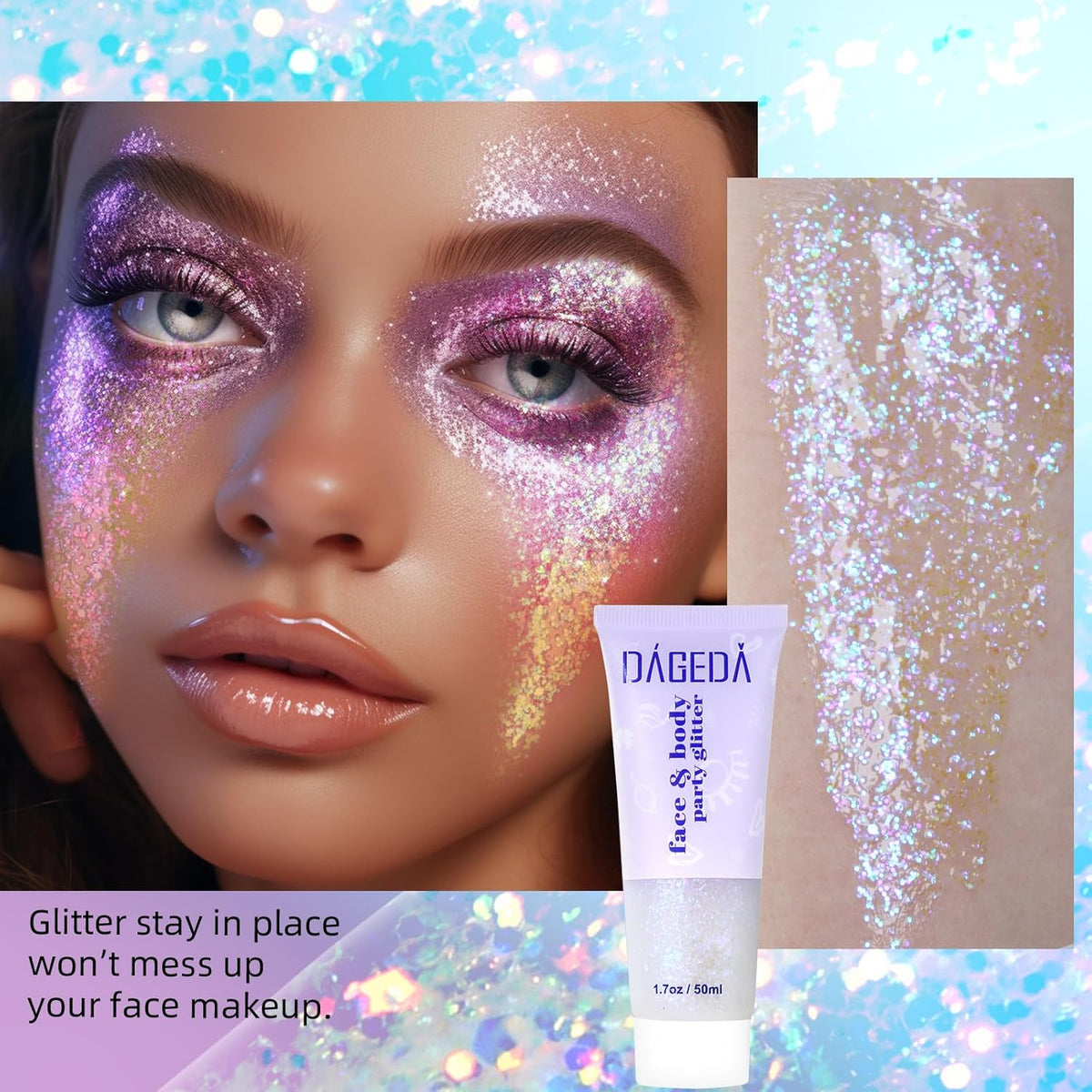 DAGEDA Body Glitter Gel, Holographic Face Glitters Body Gel Shimmer Liquid Eyeshadow, Color