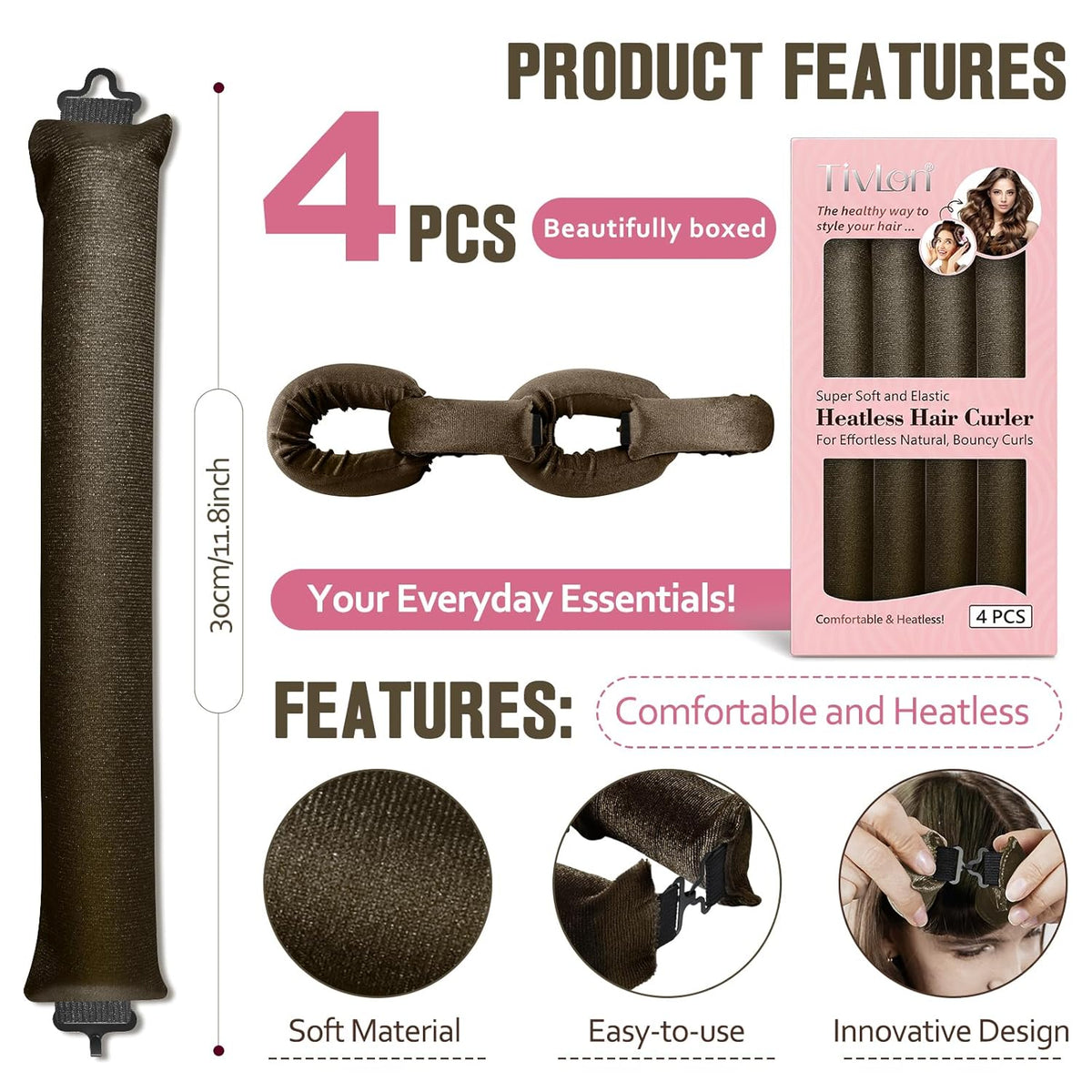 Heatless Curls Overnight, 4 Pcs No Heat Curling Blowout Rod, Satin Blowout Look Heatless Hair