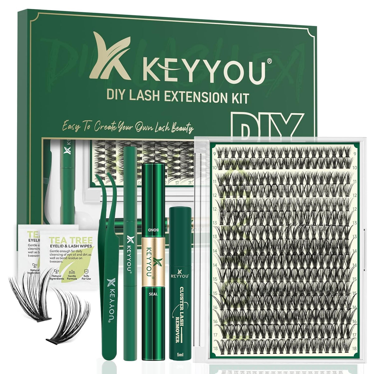 KEYYOU Lash Extension Kit DIY 300Pcs Lash Clusters Eyelash Extension Kit 40D C Curl 9-18MIX Lash