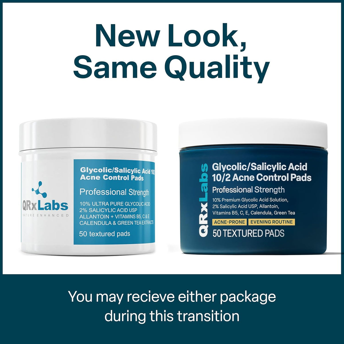 QRxLabs Salicylic & Glycolic Acid Pads (2% Salicylic & 10% Glycolic) - 50 Count Jar - Exfoliating