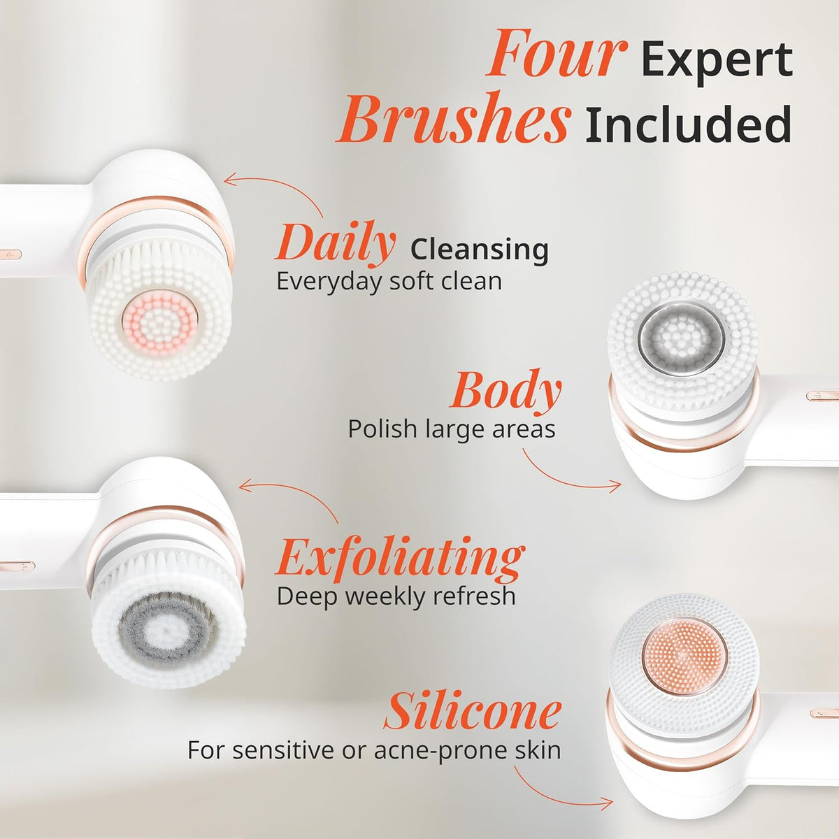 Vanity Planet Raedia 2.0 Facial Cleansing Brush, 4 Interchangeable Brush Heads, White - Daily