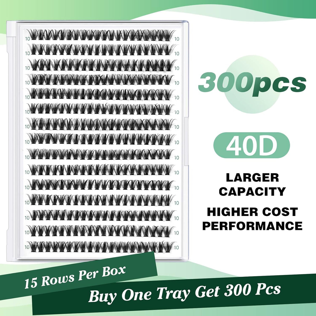 Lash Clusters 300pcs Individual Lashes 40D 0.07D Curl 10mm DIY Eyelash Extension KEYYOU Large Tray