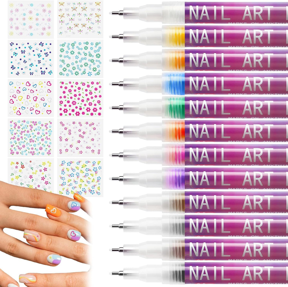 miikoul 12 Colors Nail Art Pens Set 0.7mm Art Graffiti Pen with 10PCS Nail Art Stickers 3D Nail
