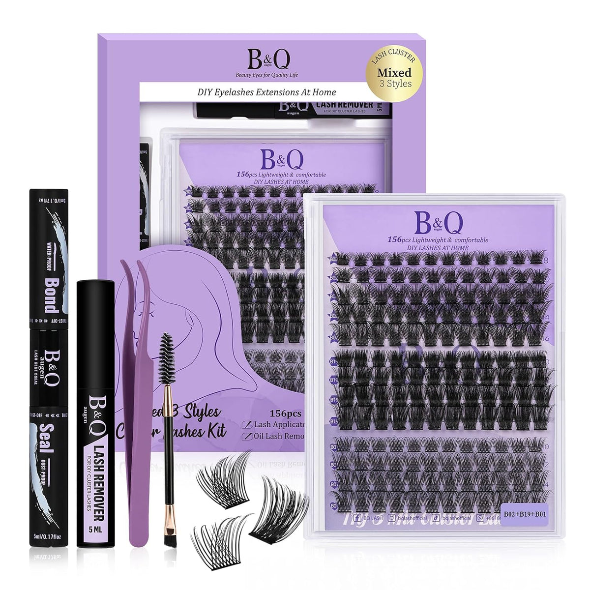 B&Qaugen Lash Clusters 156PCS Lash Clusters Kit B01+B02+B19 DIY Lash Extension Kit Eyelash