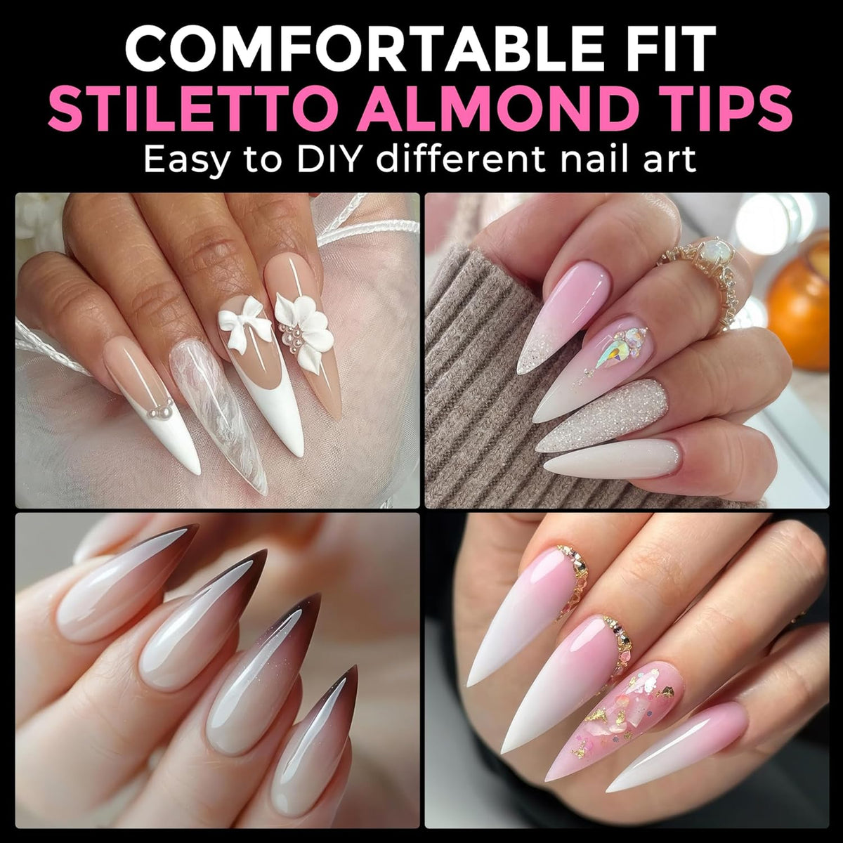 UNA GELLA Long Stiletto Gel Nail Tips: 216pcs Stiletto Almond Fake Nails Pre-Shape Long Almond