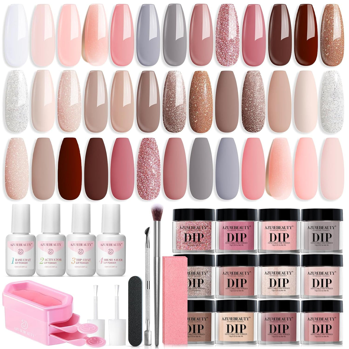 AZUREBEAUTY 31 Pcs Dip Powder Nail Kit 20 Colors Glitter Nude Brown Pink White Gray Dip Powder