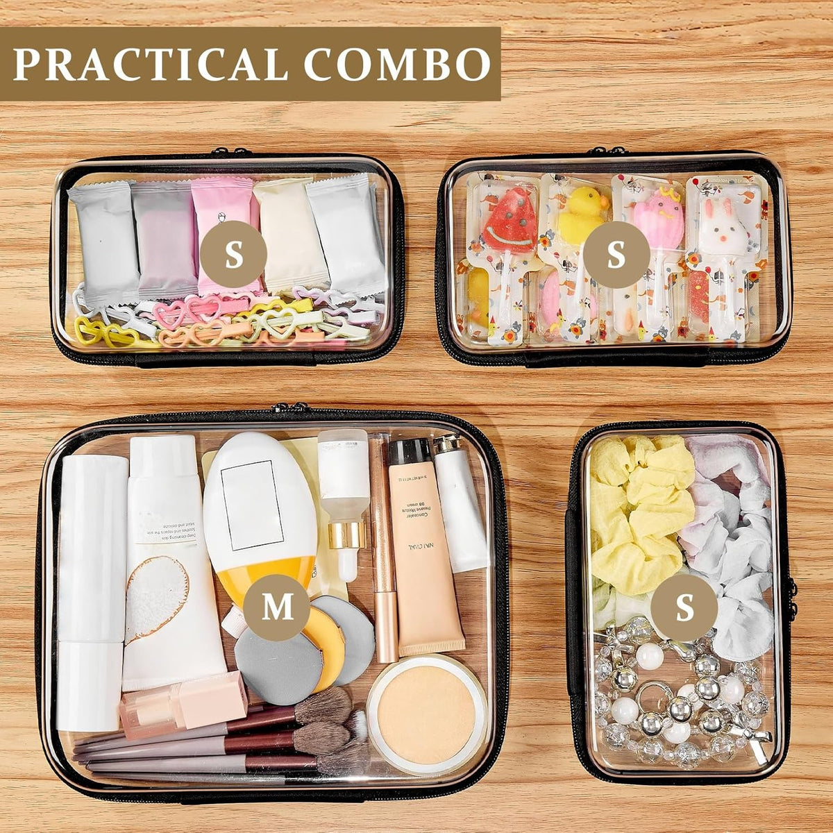 4 pcs Clear Zipper Pouches,Hard Shell Zipper Case, Toiletry Bag for Travel, CLear Diaper Bag