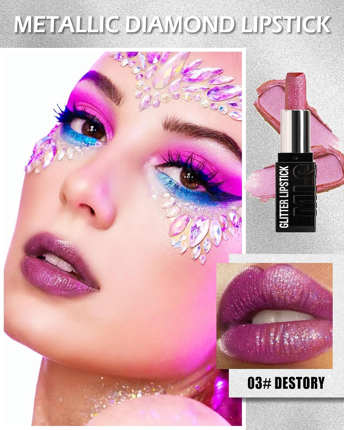 Diamond Glitter Matte Lipstick, Long Lasting Waterproof Rose Pink Metallic Sparkling High Pigment