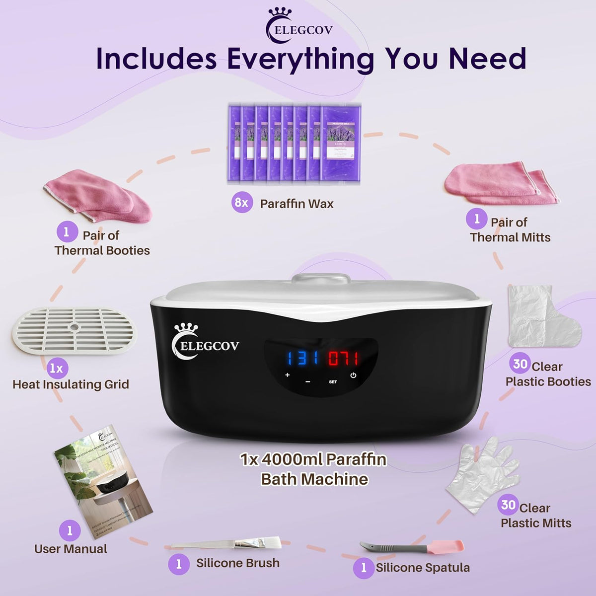 Paraffin Wax Machine for Hand and Feet - ELEGCOV Paraffin Wax Warmer with 8 Packs Lavender Bath Wax