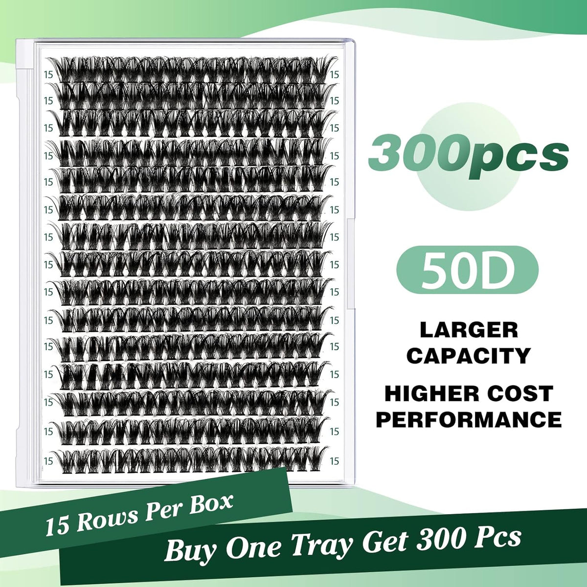 Lash Clusters 300pcs Individual Lashes 40D 0.07D Curl 15mm DIY Eyelash Extension KEYYOU Large Tray