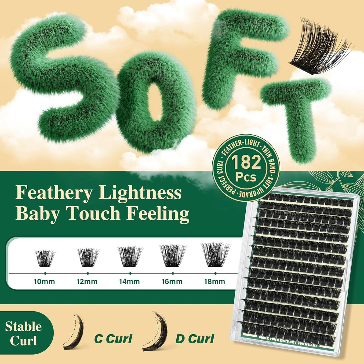KEYYOU Lash Clusters Kit 182pcs Thick Volume Lash clusters 200D D Curl Wispy Easy to Apply with
