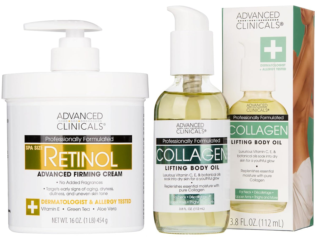 Advanced Clinicals Retinol Body Lotion + Collagen Body Oil 2pc Skincare Set For Women & Men |