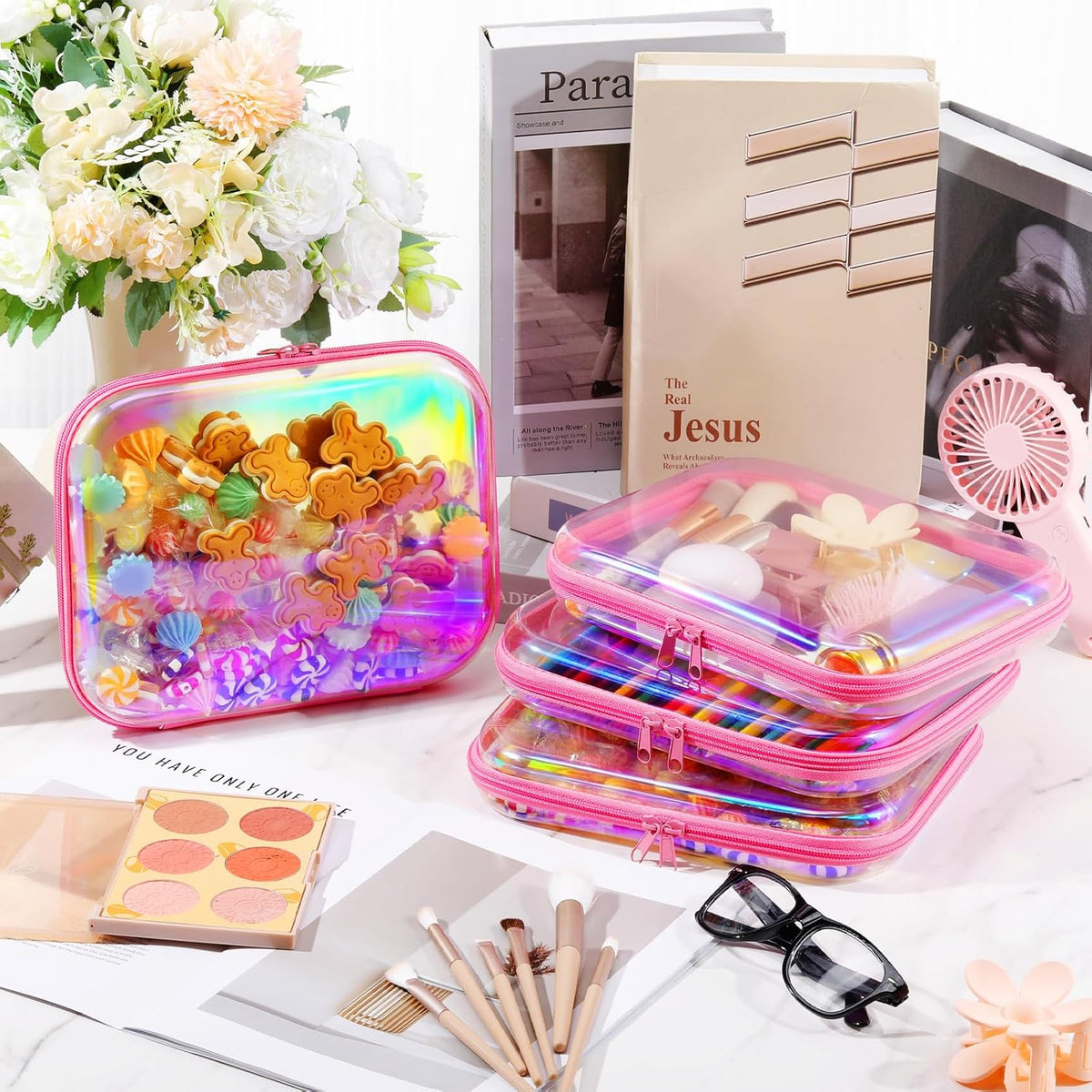 Hoolerry 4 Pcs Hard Clear Zipper Case Makeup Bags Plastic Pencil Pouch Transparent Storage Box