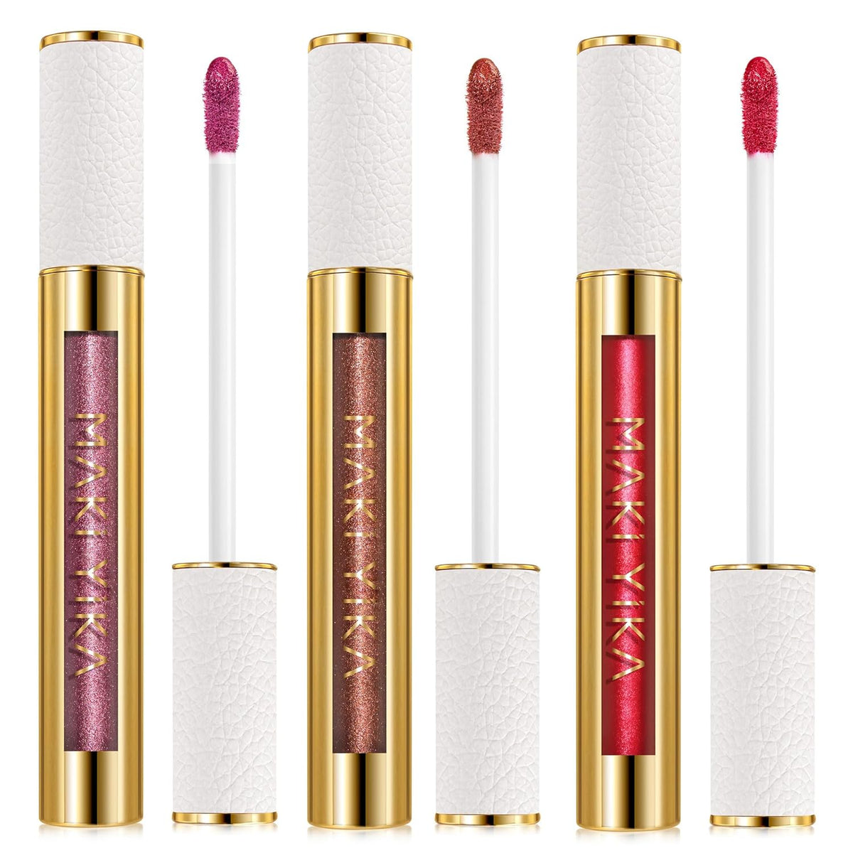 MAKI YIKA 3Pc Metallic Lipstick Long Lasting Pink Brown Red Glitter Lipsticks High Shine Lipstick