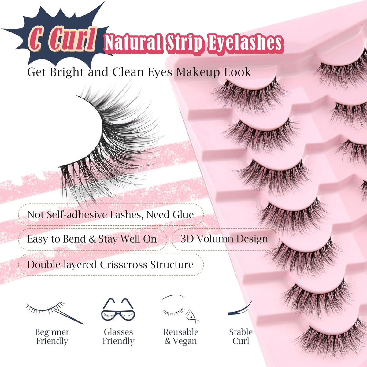 Natural Cat Eye Lashes Wispy Eyelashes 14mm Lightweight False Eyelashes 3D Volume Natural Strip