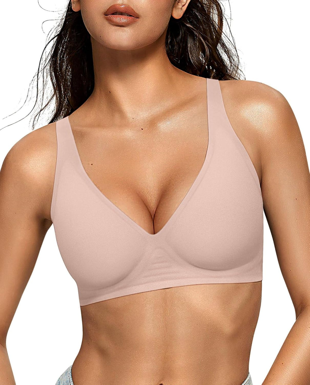 OEAK Womens Deep V Bras Wireless Comfortable Bra Supportive No Underwire Bras Tshirt Push Up