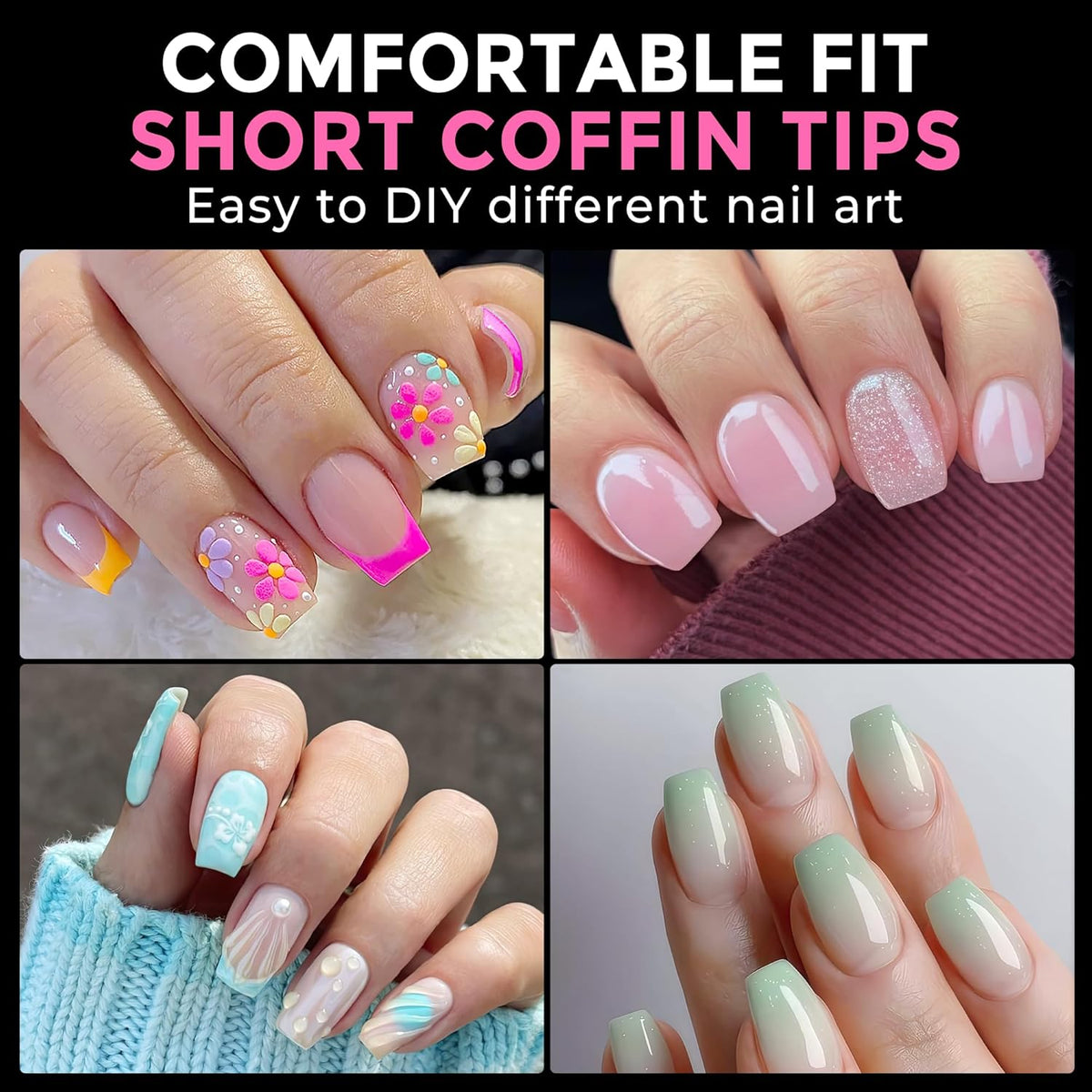 UNA GELLA Short Coffin Nail Tips: 216pcs Short Coffin Press on Nails Pre-shape Gel Nail Tips for