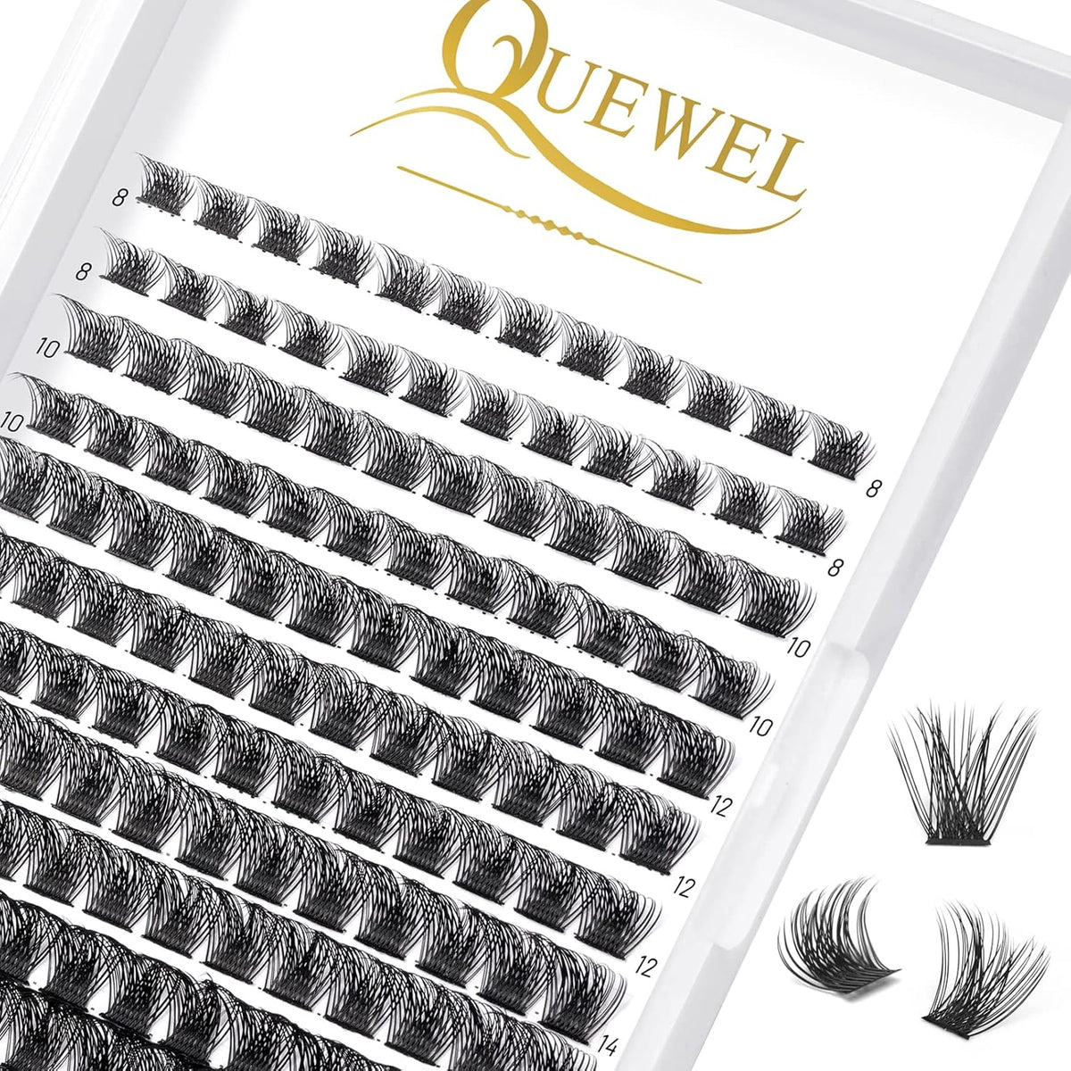 QUEWEL Cluster Lashes 144 Pcs Wide Stem Individual Lashes C/D Curl 8-16mm Length DIY Eyelash