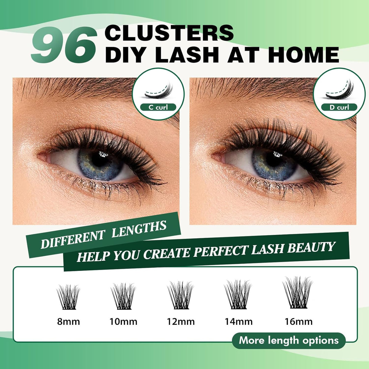Lash Clusters 96pcs Individual Lashes D Curl 12mm Eyelash Clusters KEYYOU Volume Wispy Lash