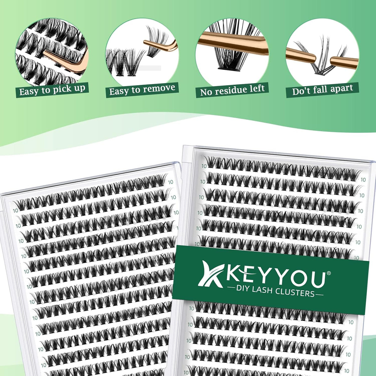 Lash Clusters 300pcs Individual Lashes 40D 0.07D Curl 10mm DIY Eyelash Extension KEYYOU Large Tray