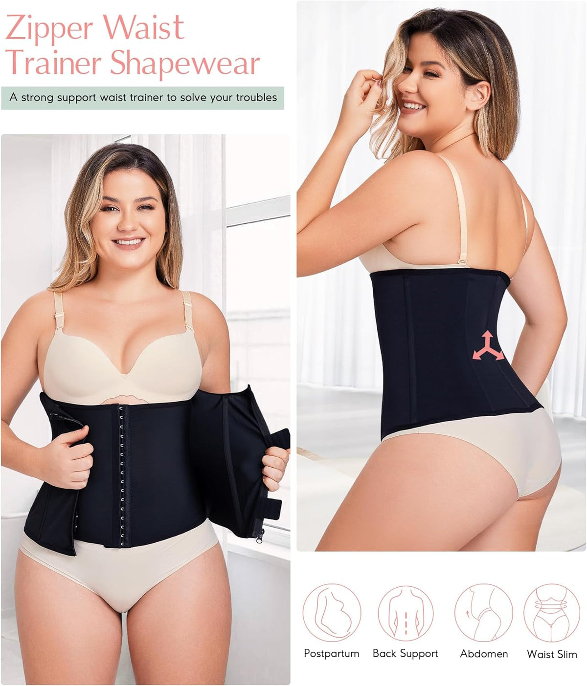 MERYOSZ Waist Trainer Corset Zipper Tummy Control Shapewear Breathable Waist Cincher for Women Body