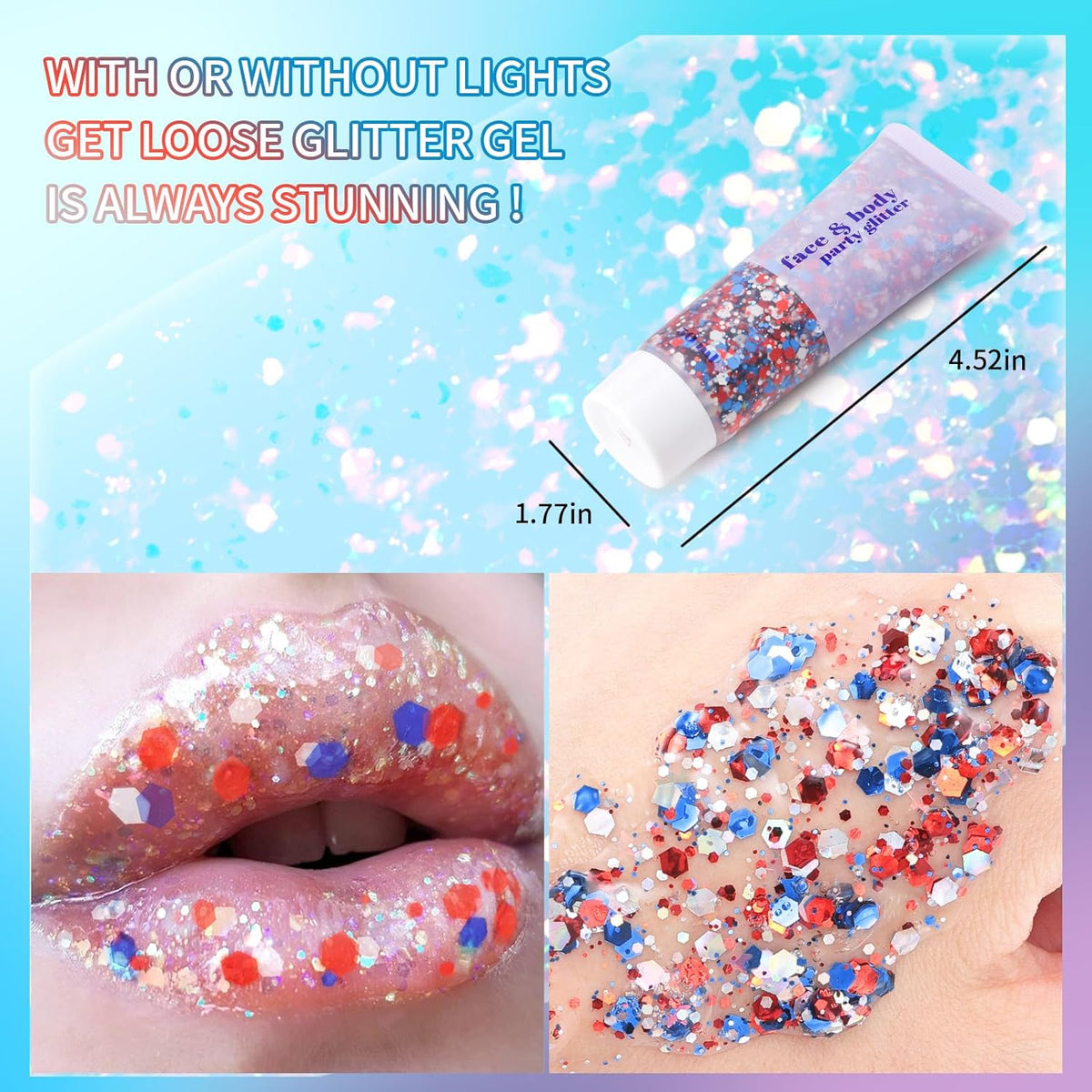 DAGEDA Red White Blue Body Glitter, 4th of July Outfits Accessories for Women, USA Flag Face