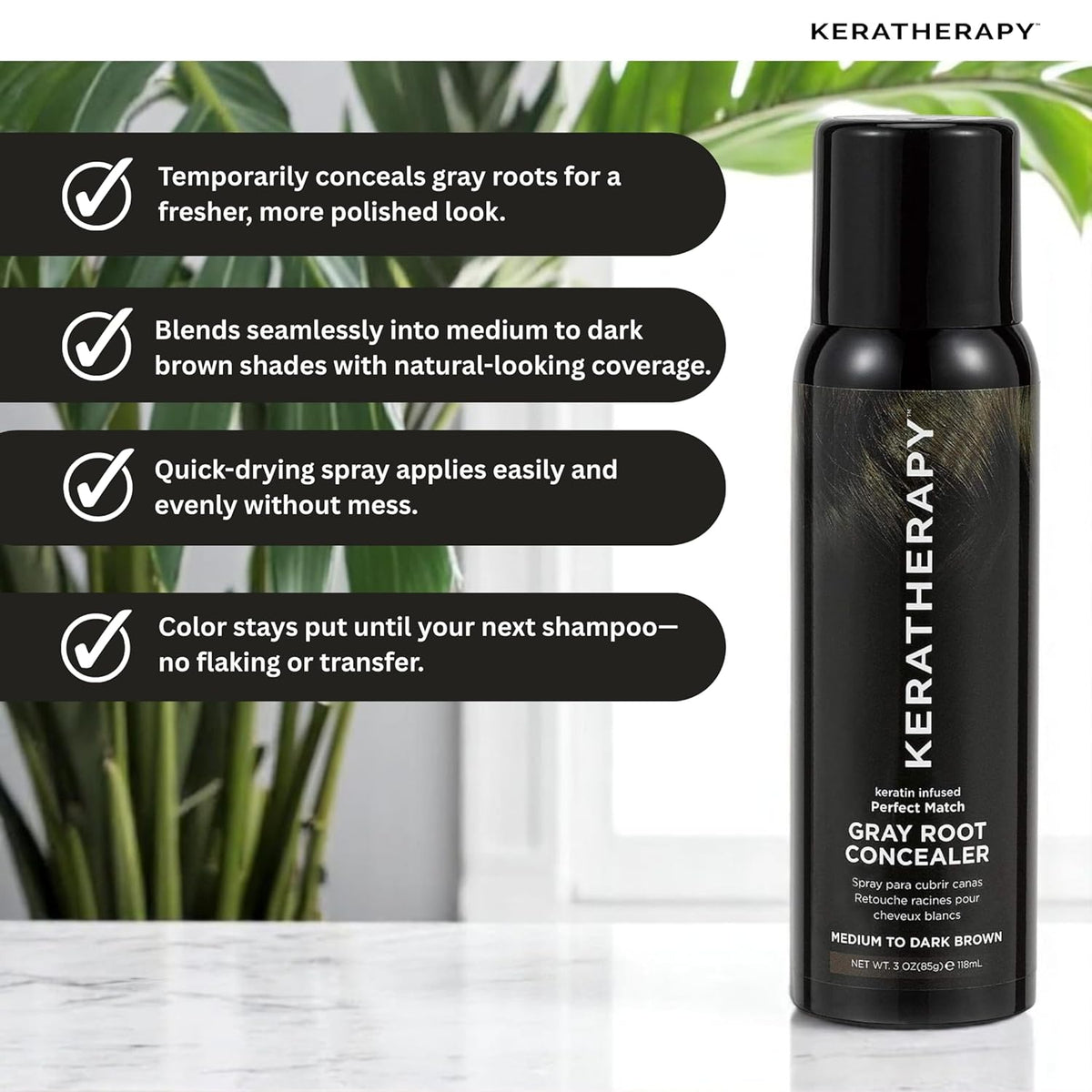 Keratherapy Keratin Infused Perfect Match Gray Root Concealer Spray, Dark Brown, 3 oz, 118 ml