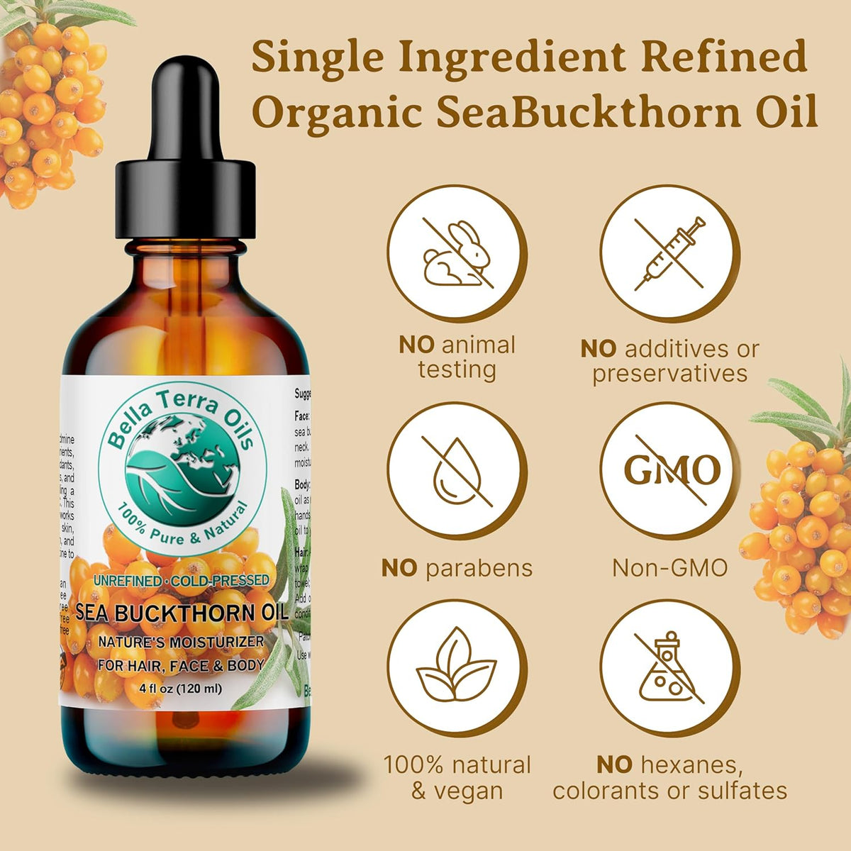 Bella Terra Oils - Sea Buckthorn Oil 4 oz - Unlock the Gold Standard in Skincare, Infused with