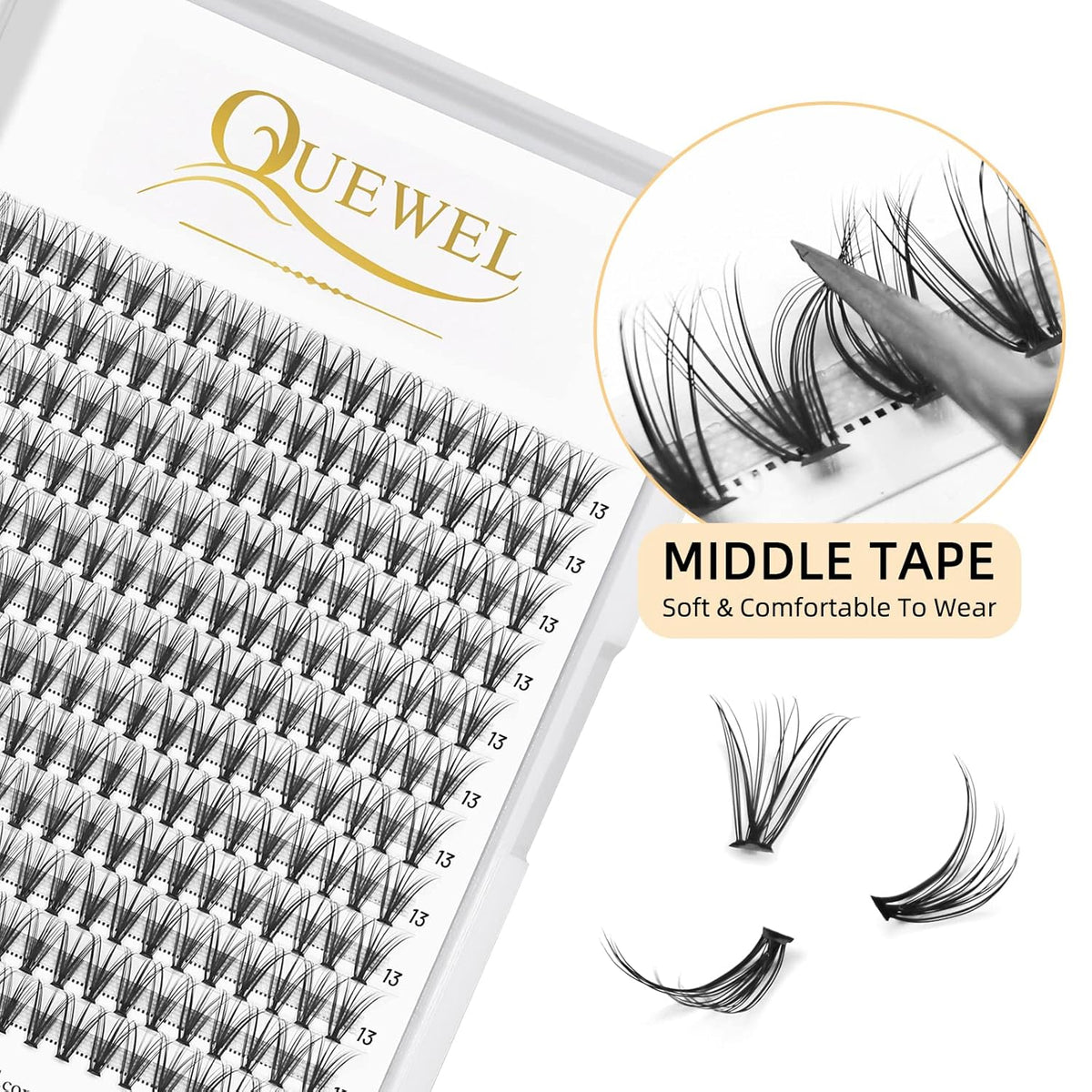 QUEWEL Cluster Lashes 240Pcs Individual Lashes 20D 0.07D Curl 13mm Knot-Free Lash Extensions