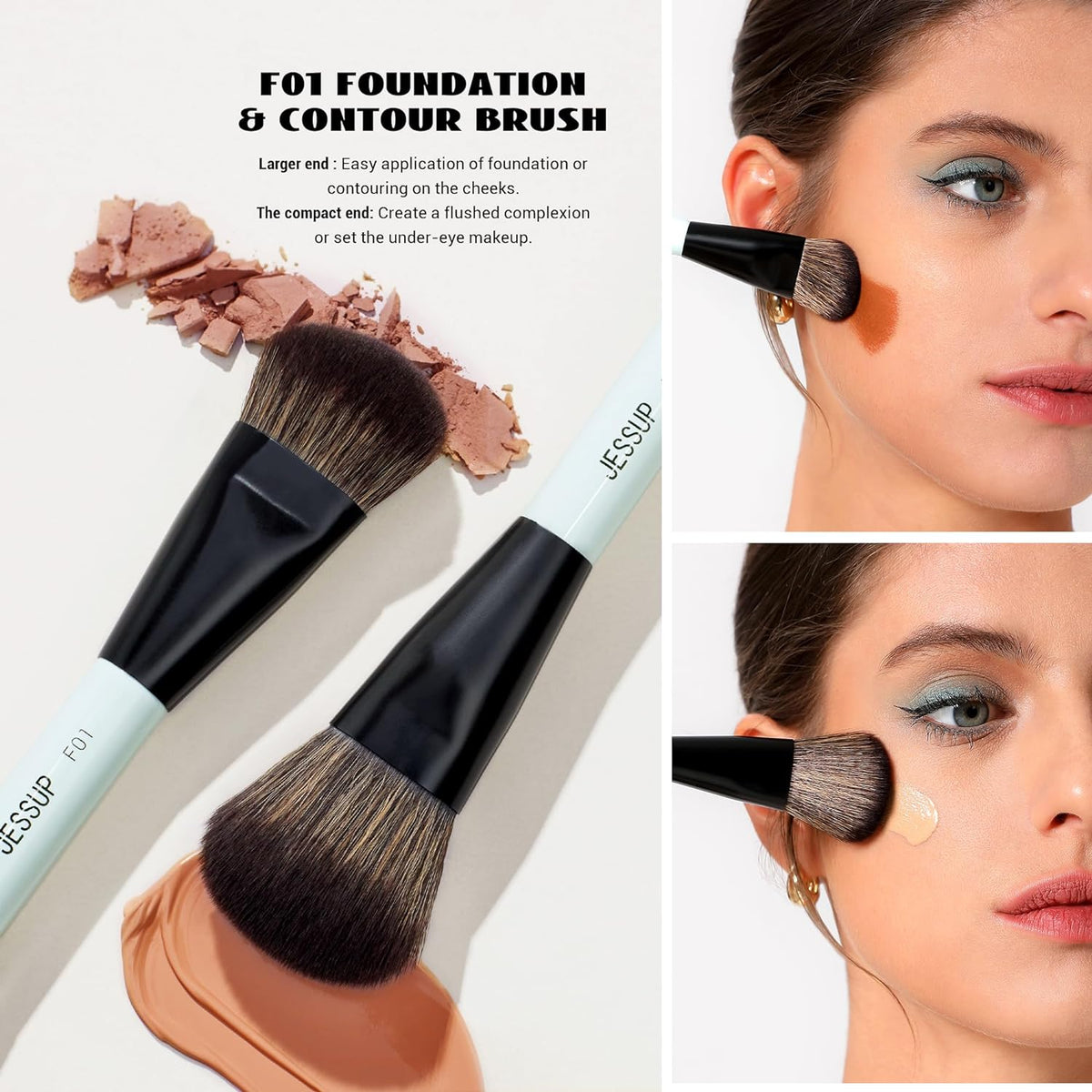 Jessup Face Makeup Brushes Blue 3pcs Double Ended Makeup Brush for Foundation Contour Blush